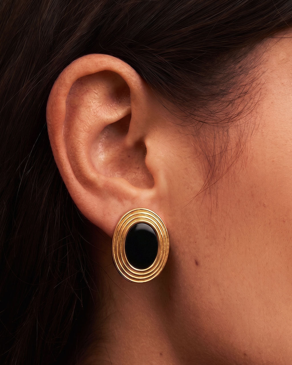 Vintage Oval Gemstone Stud Waterproof Gold Earrings