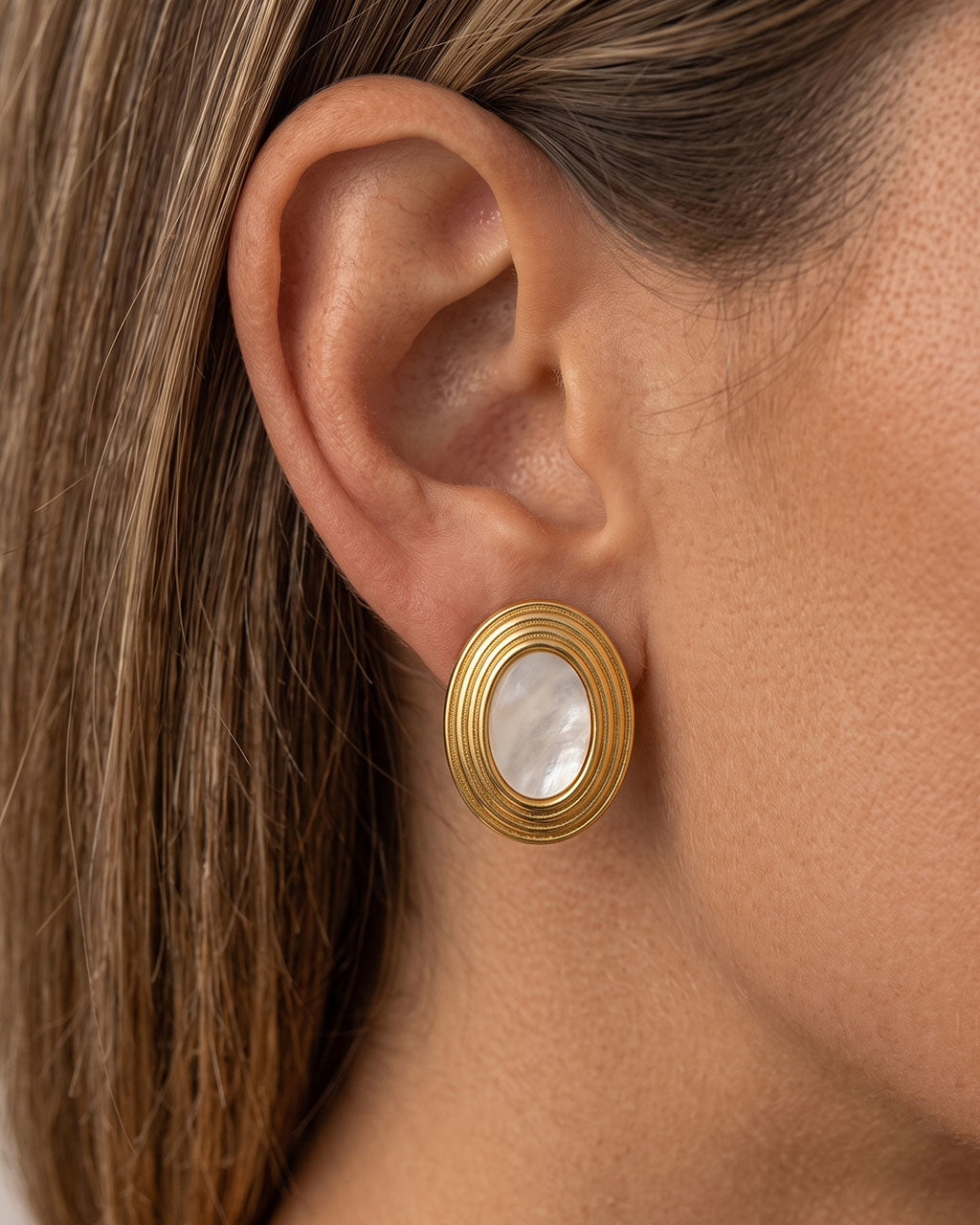 Vintage Oval Gemstone Stud Waterproof Gold Earrings