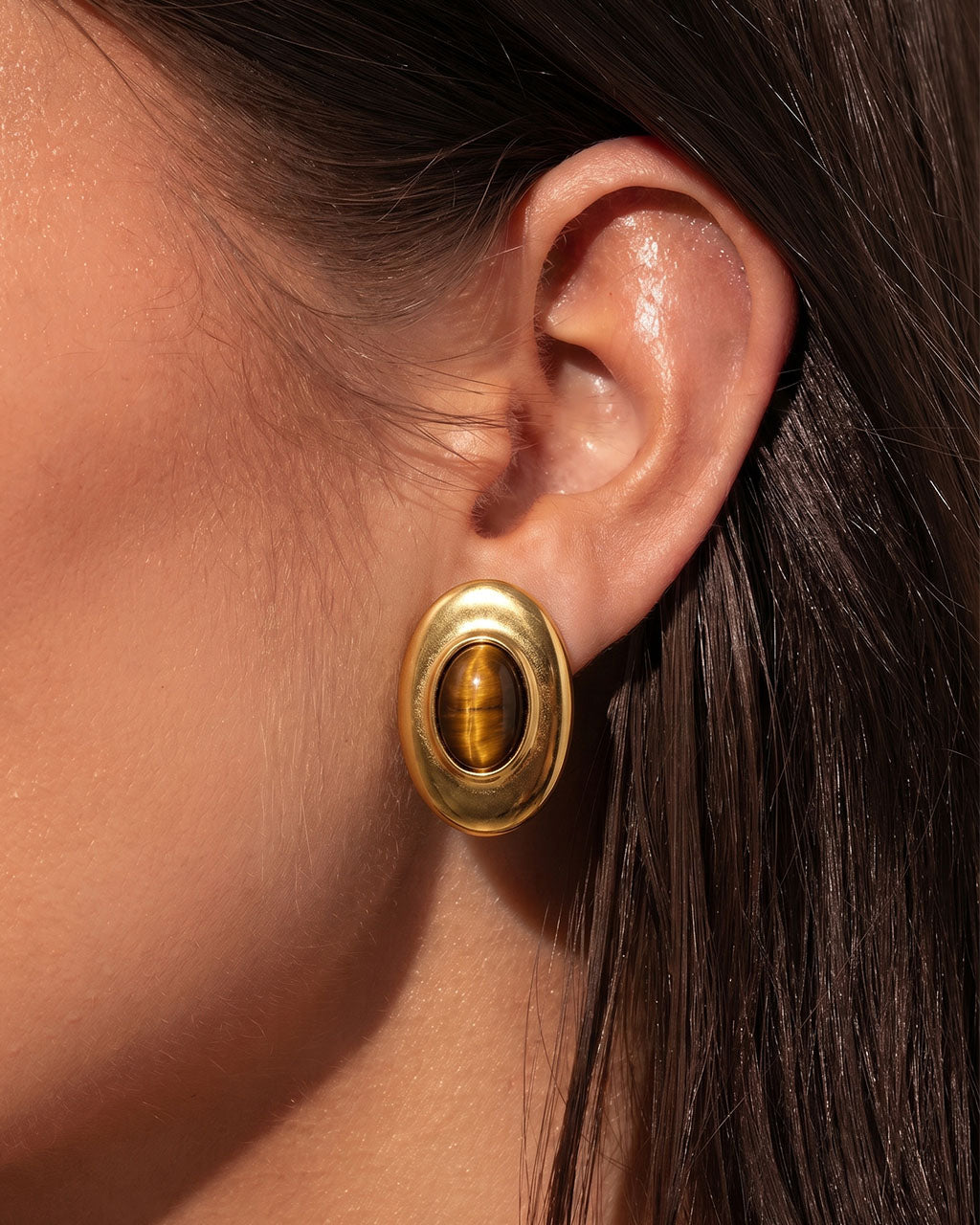 Vintage Oval Tiger Eye Stud Waterproof Gold Earrings