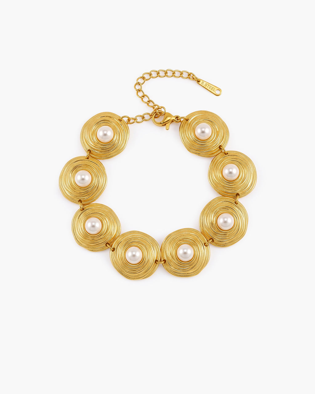 Vintage Pearl Ripple Disc Waterproof Gold Bracelet
