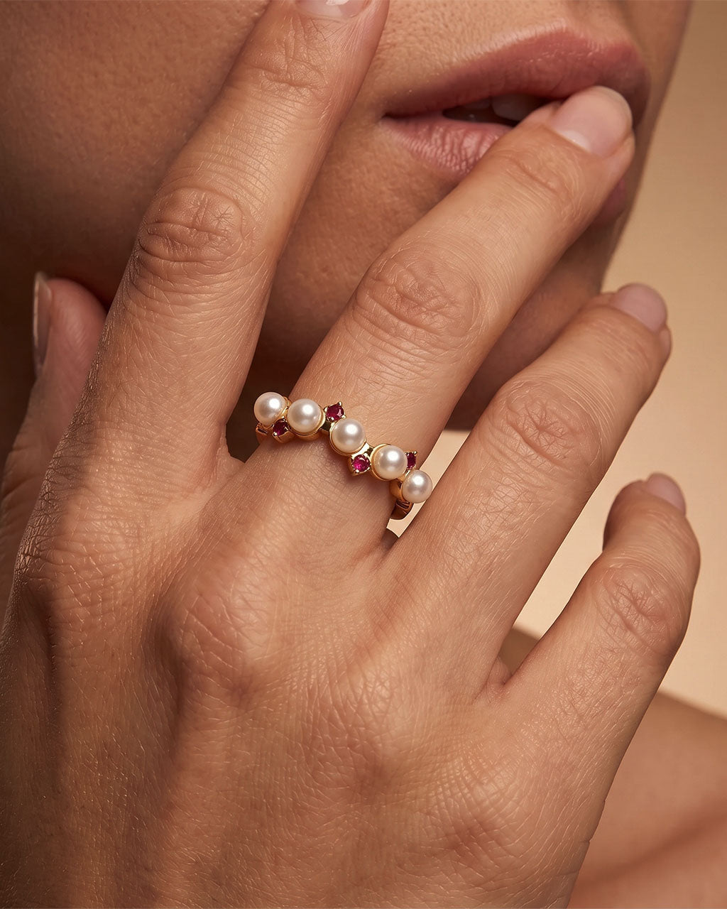 Vintage Ruby Stone Pearl Open Waterproof Gold Ring