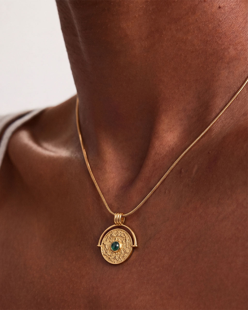 Vintage Stone Coin Herringbone Waterproof Gold Necklace
