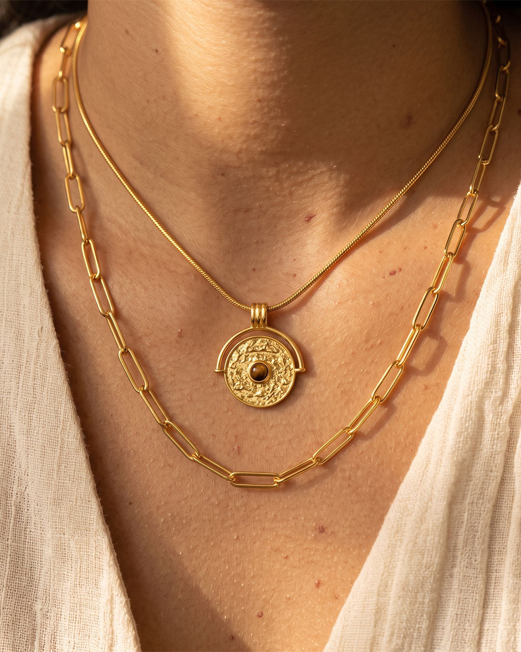 Vintage Stone Coin Herringbone Waterproof Gold Necklace