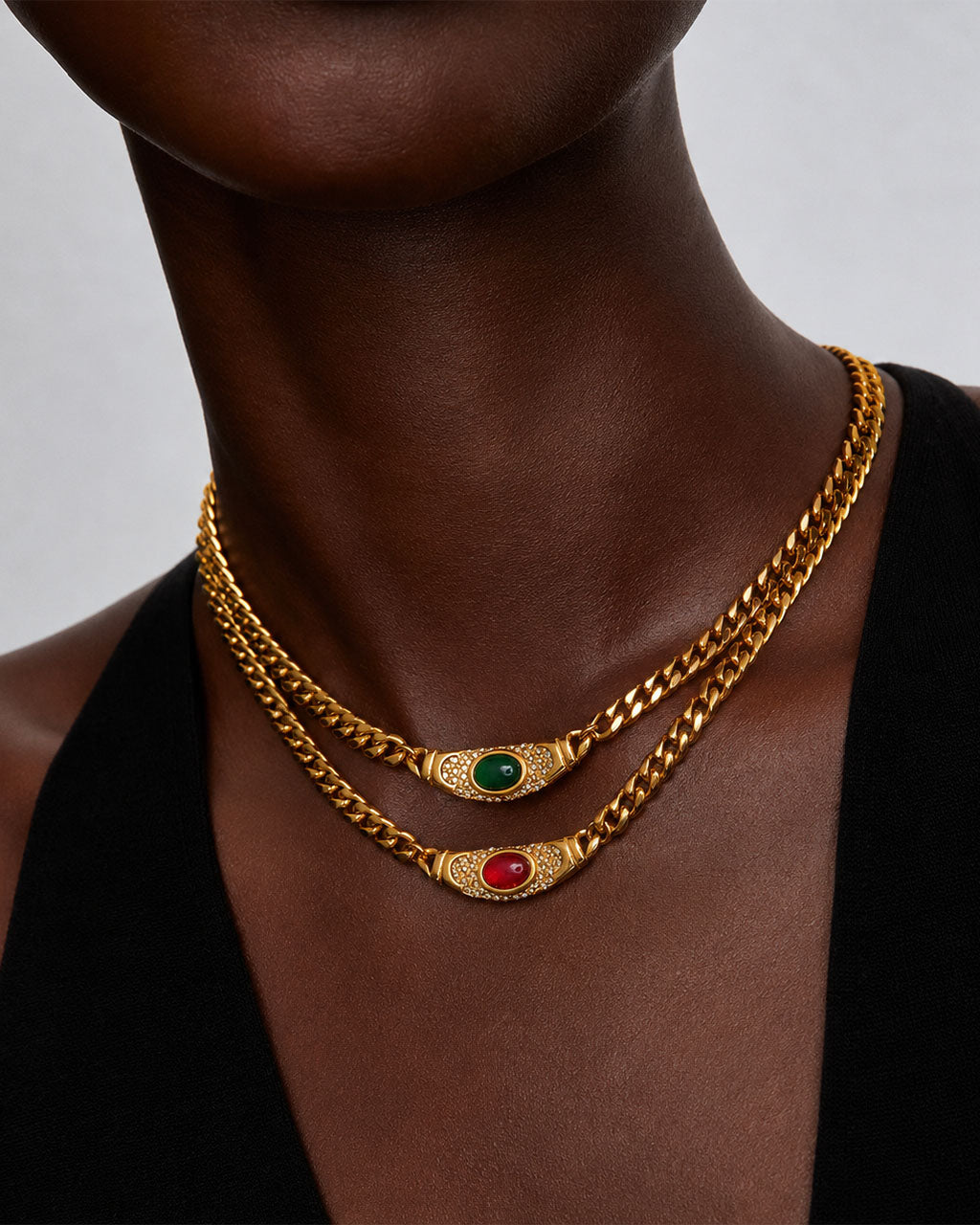 Vintage Stone Curb Chain Waterproof Gold Necklace
