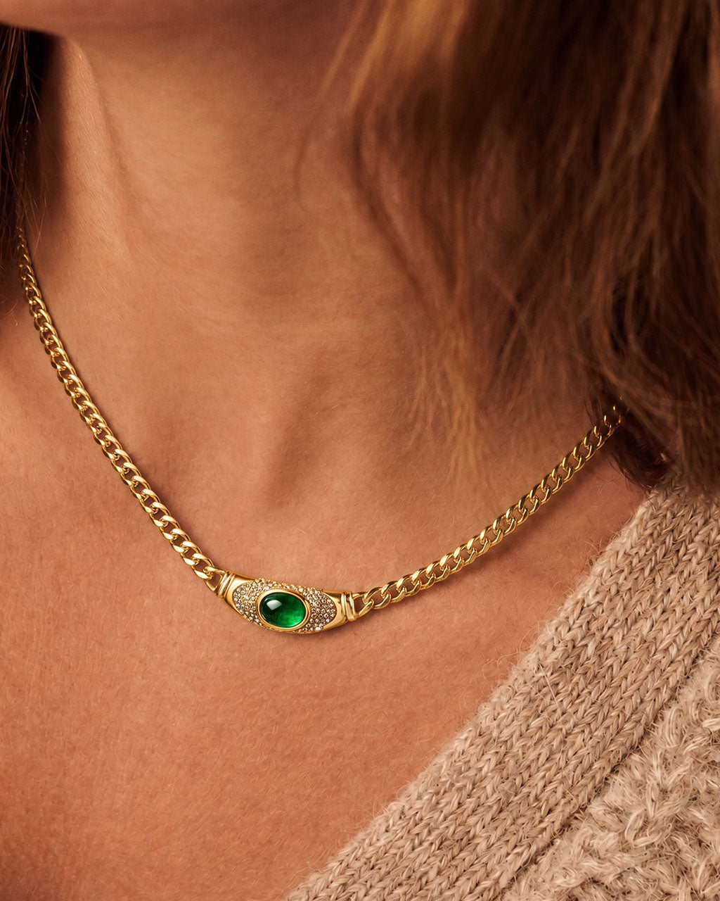 Vintage Stone Curb Chain Waterproof Gold Necklace