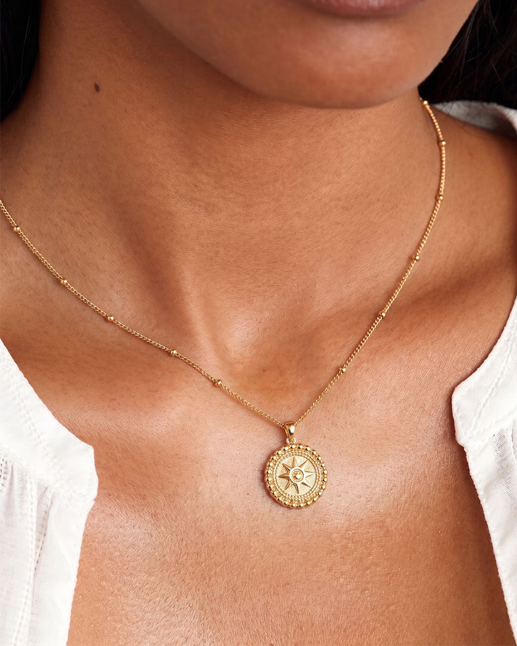 Vintage Sun Medallion Gold Waterproof Beaded Necklace