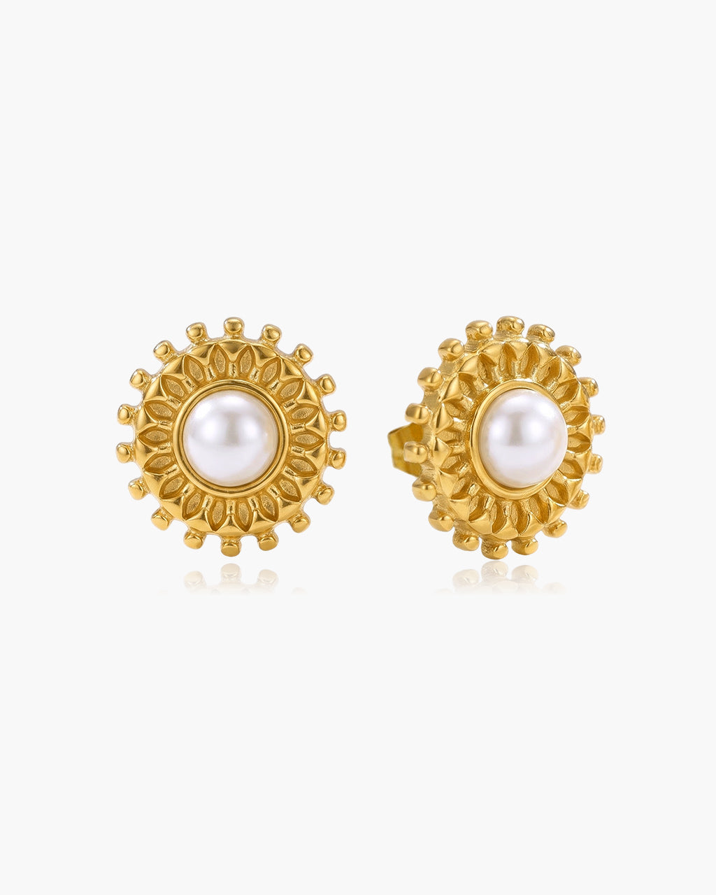 Vintage Sunburst Pearl Stud Waterproof Gold Earrings