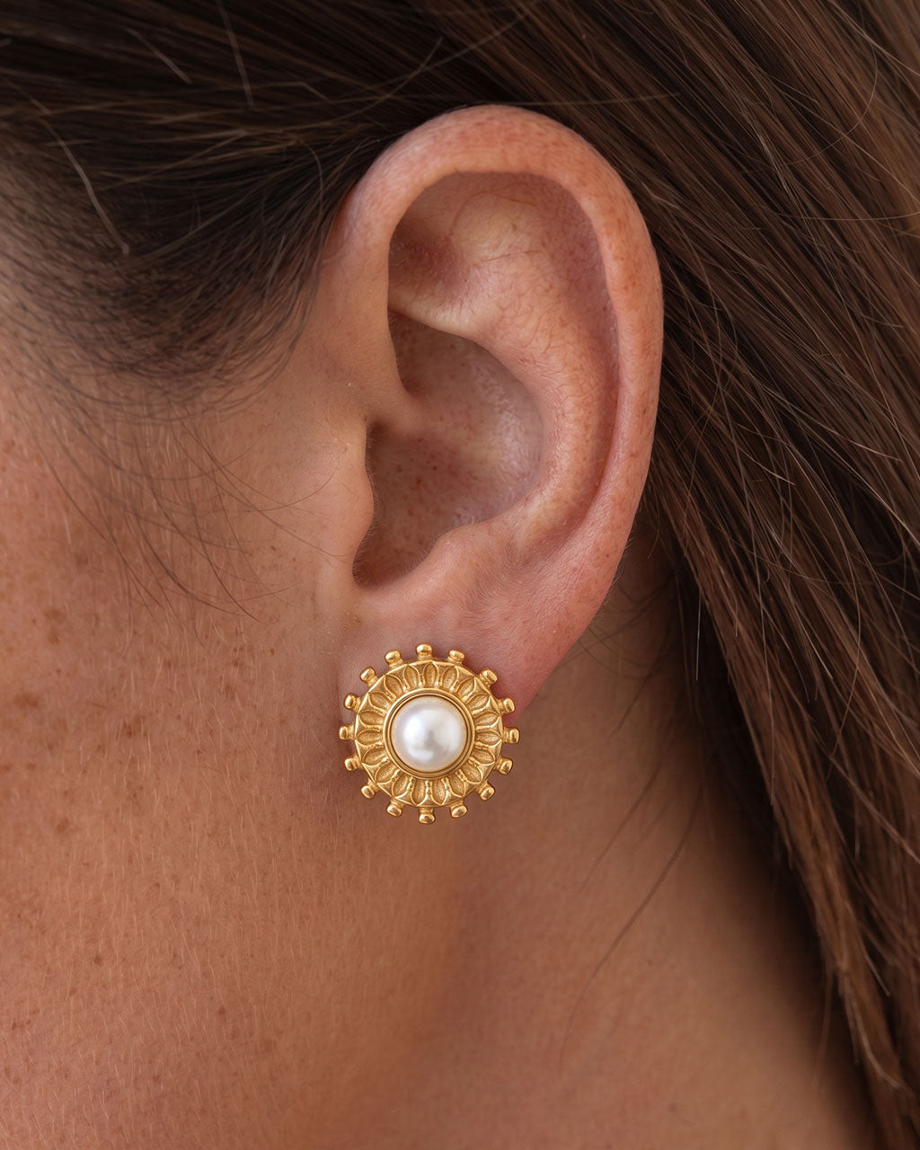 Vintage Sunburst Pearl Stud Waterproof Gold Earrings