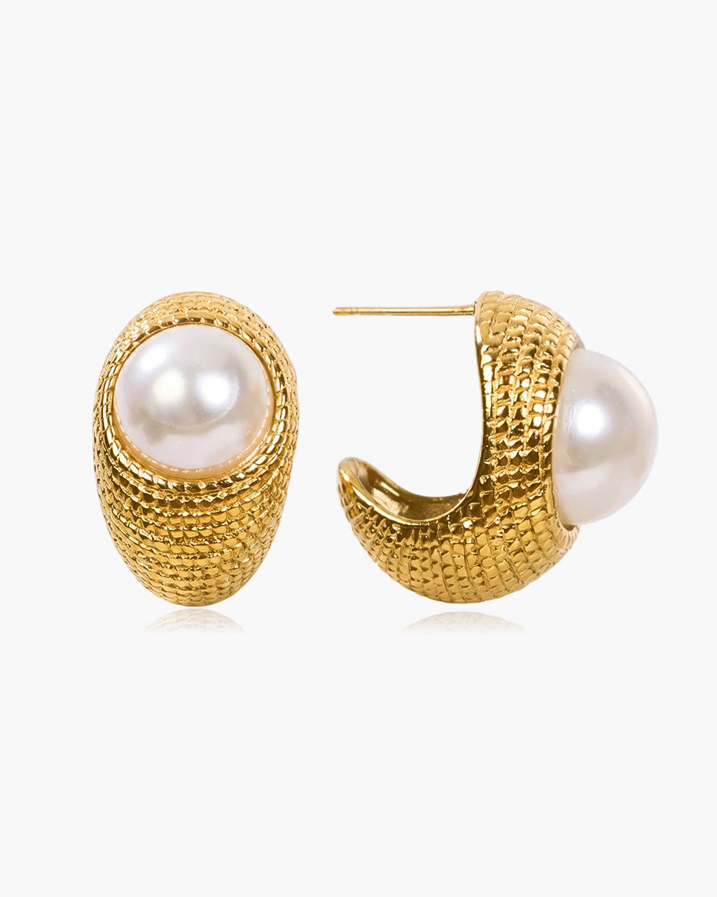 Wild Open C Hoop Pearl Stud Waterproof Gold Earrings