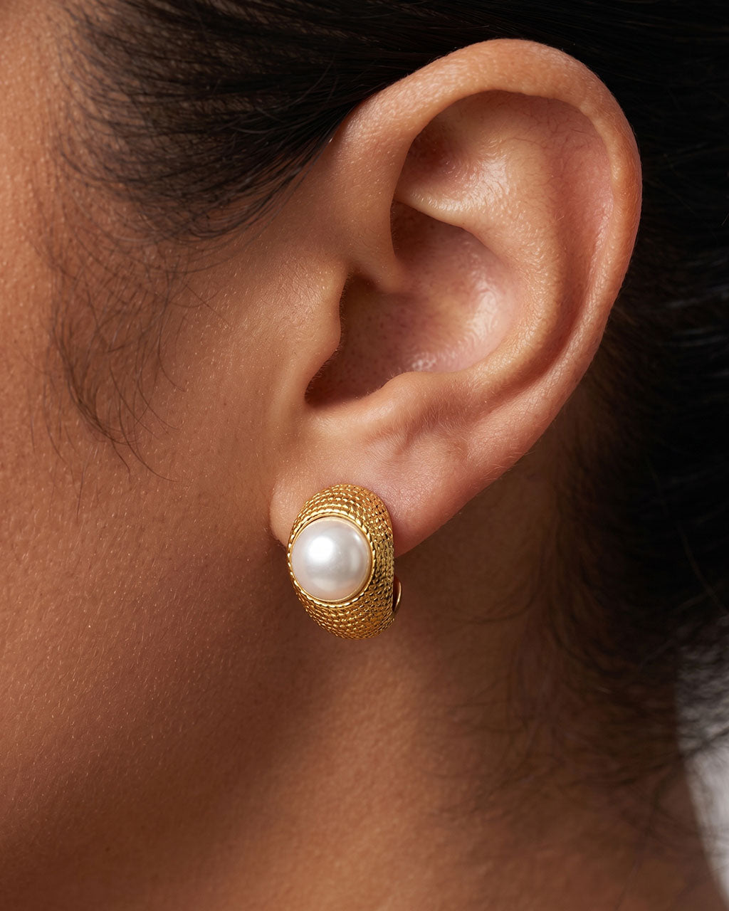 Wild Open C Hoop Pearl Stud Waterproof Gold Earrings