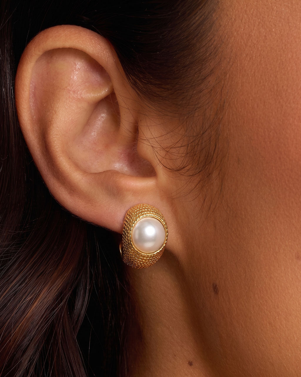 Wild Open C Hoop Pearl Stud Waterproof Gold Earrings